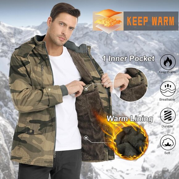 Mens Camo Thick Winter Jacket Hooded Fleece Lined Cotton Military Coat - Picture 2 of 6